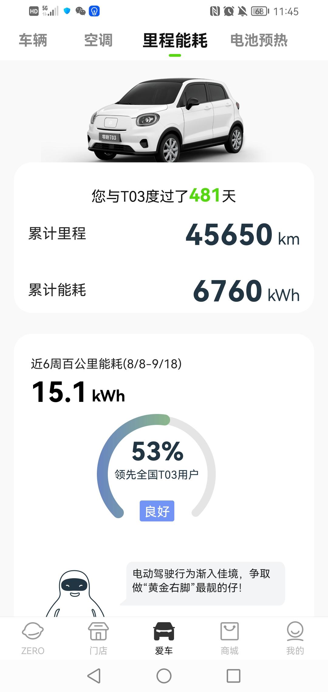 零跑零跑T03 一年3个月，4.56万公里，6760度电。你看看我这能耗高不高？坐标湖北武汉