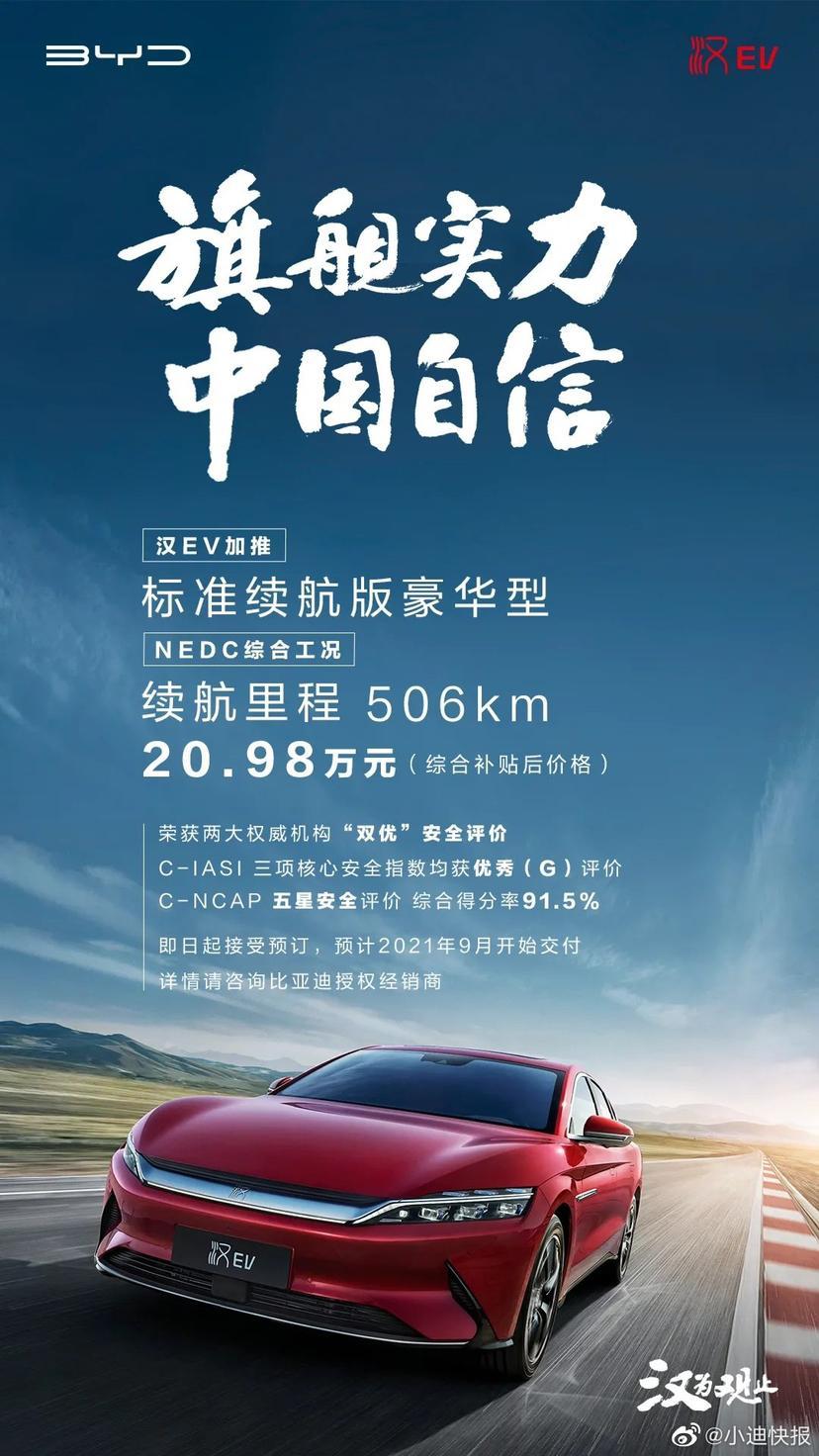 比亚迪汉EV 7月底发布了20.98w汉ev的新增车型，和22.98差了100km续航，价格差了2w，别提多香了，8.1