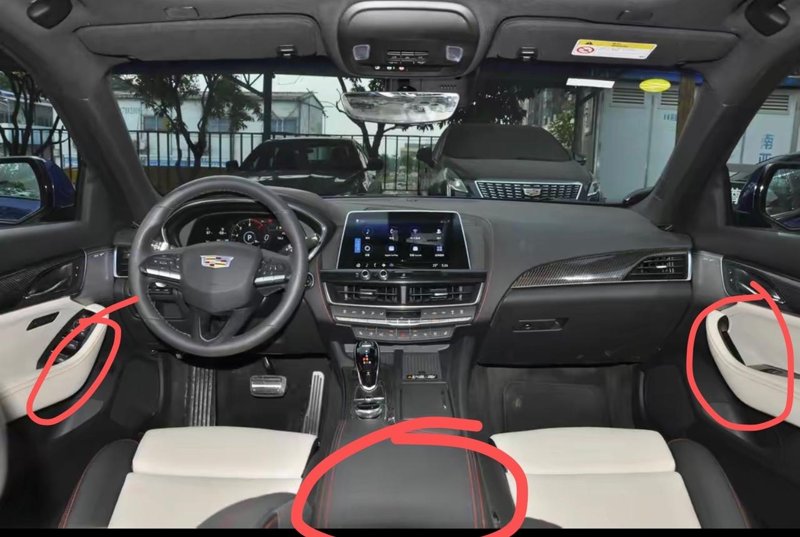 凯迪拉克CT5 咱们车扶手箱和车门上的扶手，包裹的材质是真皮还是仿皮呀？如图，红圈位置