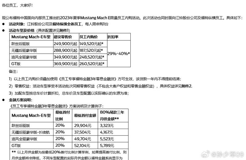 福特电马 消息称福特中国面向员工推出电马车型内购活动，折扣力度最高 40%。真的假的？