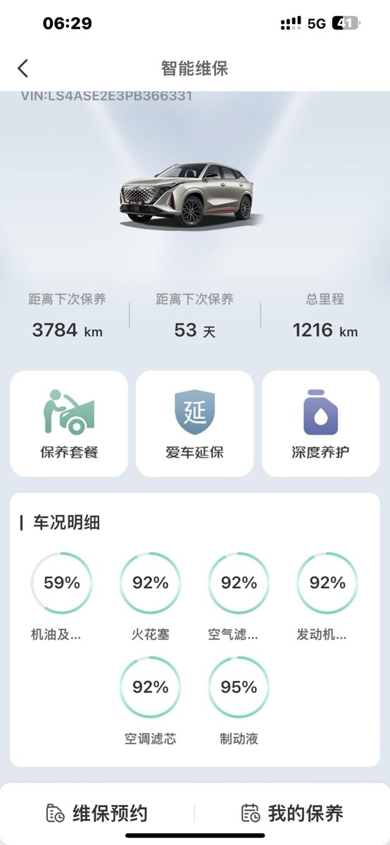 长安欧尚Z6 八月初买的老六至尊版本，现在这个手机app上面的智能维保里面机油显示百分之59，还没到保养时间，去4儿