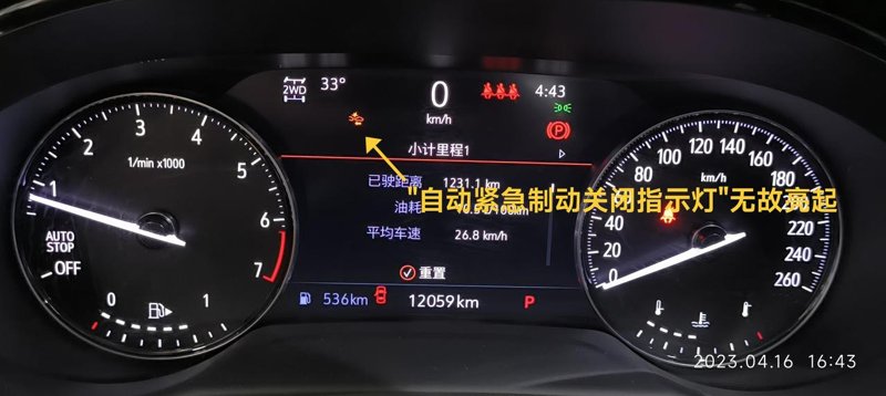 昂科威S艾维亚车主，2021年2月购车，目前行驶了1.2万公里，没有发生过碰撞和涉水事故。仪表盘突然亮起了“故障
