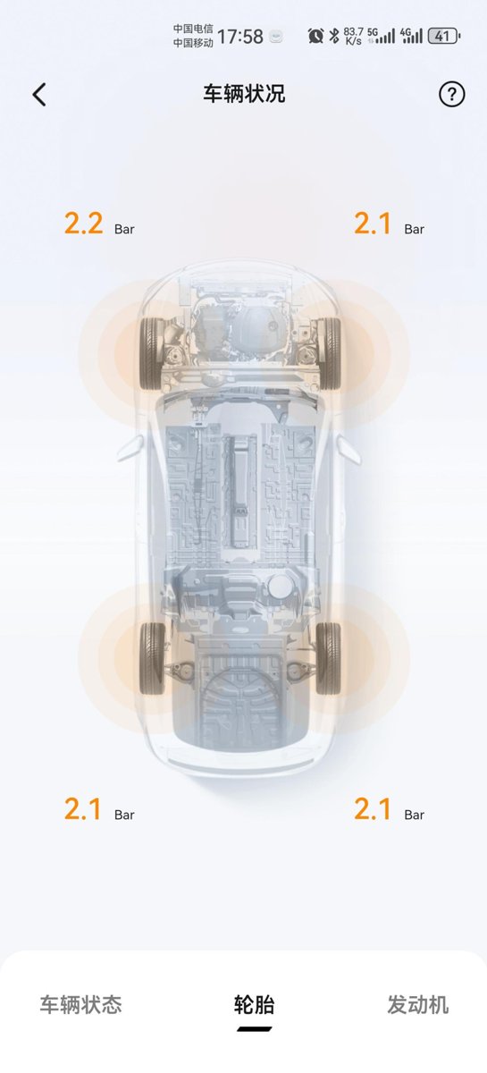 吉利星瑞 APP胎压显示2.1，冷车表显也是2.1，高速跑一会之后温度四五十左右，胎压2.5-2.6的样子，这个还要打气