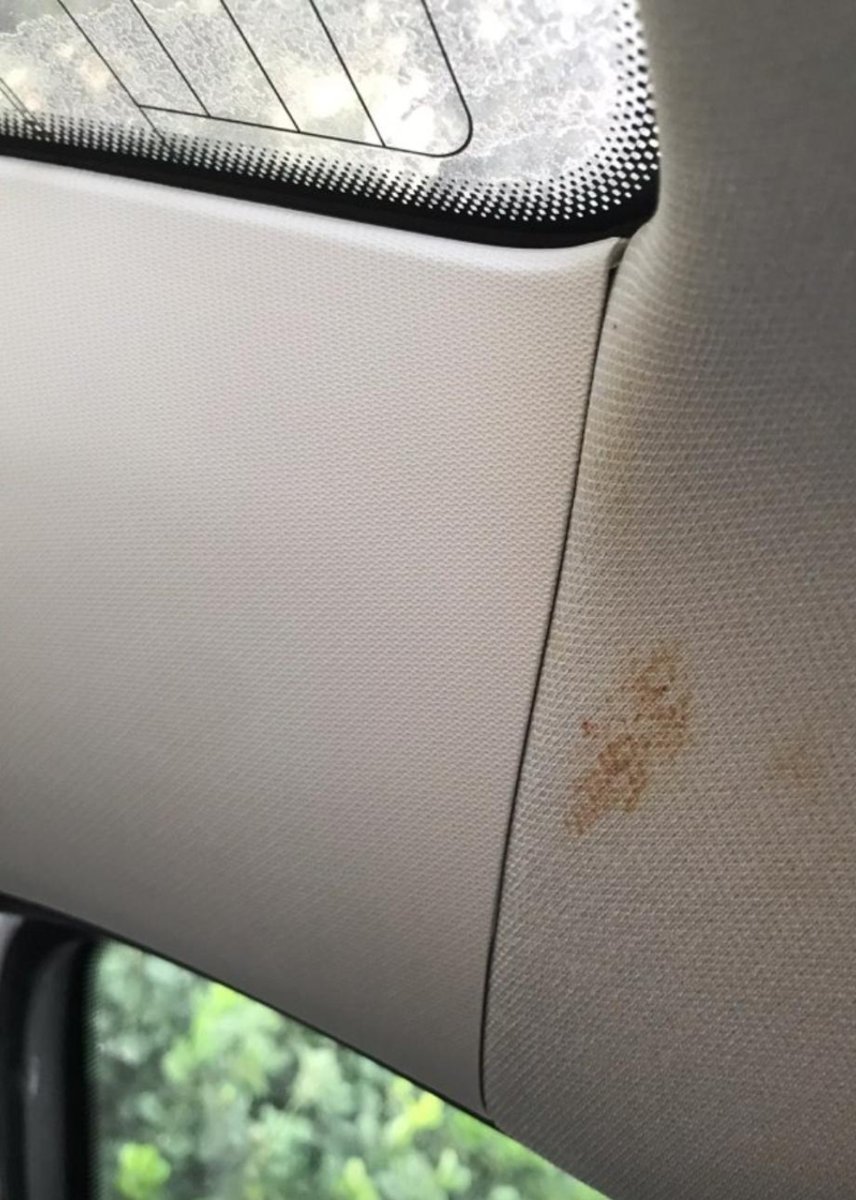 丰田亚洲狮 21年7月购买的豪华版车内顶棚布发起黄色锈迹怎么回事？是渗水吗