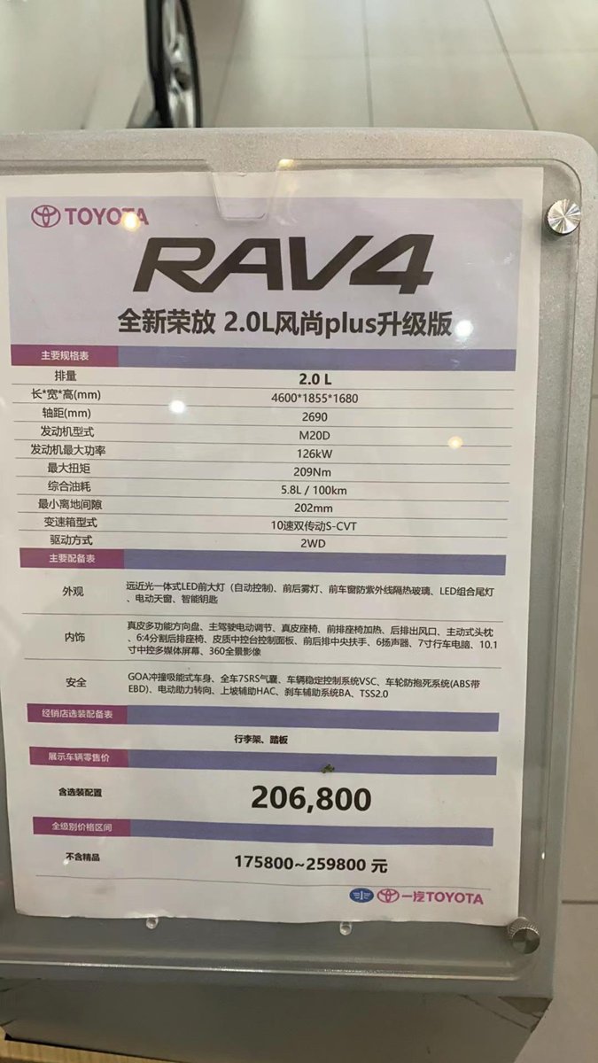 各位大佬，现在提一台RAV4荣放Plus多少落地价合适呀？配置在图中